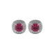 Red cushion cut gemstone double halo stud earrings in yellow gold