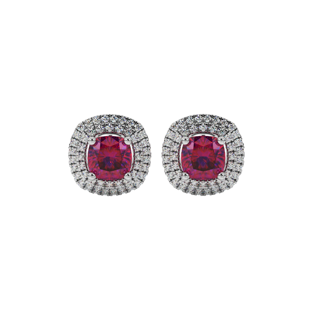 Red cushion cut gemstone double halo stud earrings in yellow gold