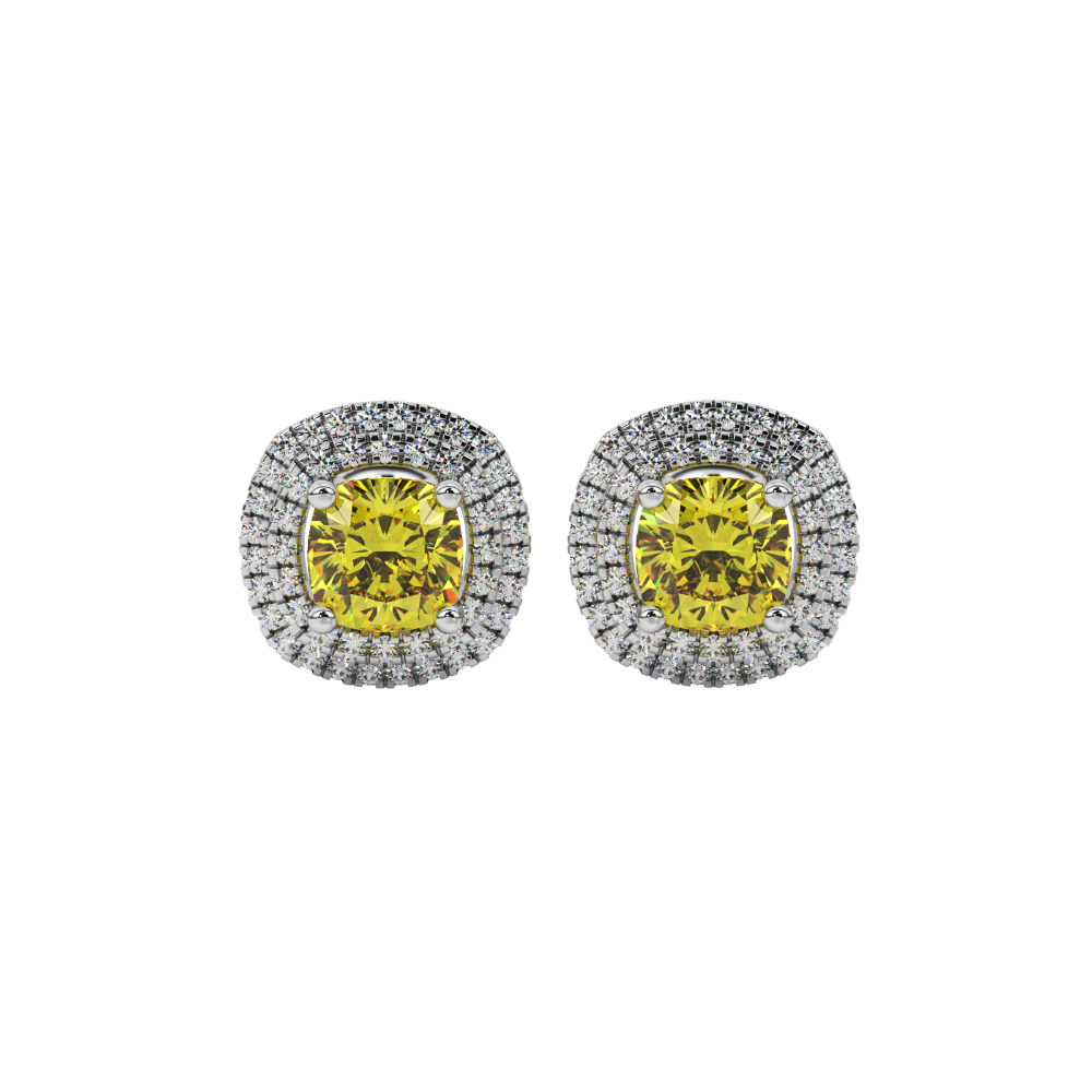 Yellow cushion cut gemstone double halo stud earrings in yellow gold
