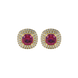 Red cushion cut gemstone double halo stud earrings in yellow gold