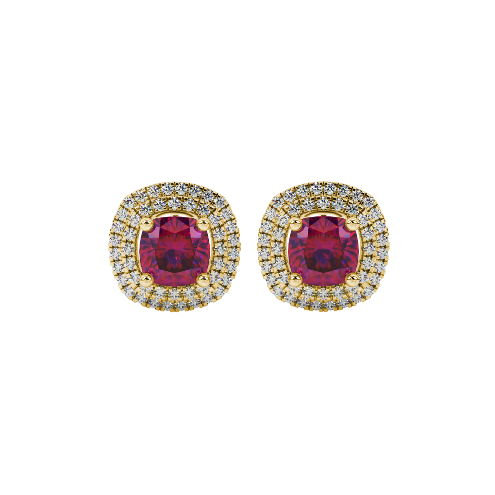 Red cushion cut gemstone double halo stud earrings in yellow gold