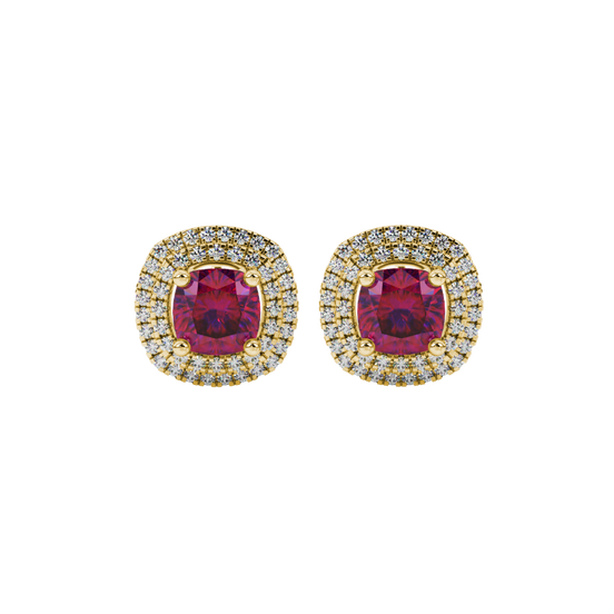Raspberry Red gemstone double halo stud earrings in yellow gold
