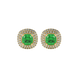 Green cushion cut gemstone double halo stud earrings in yellow gold