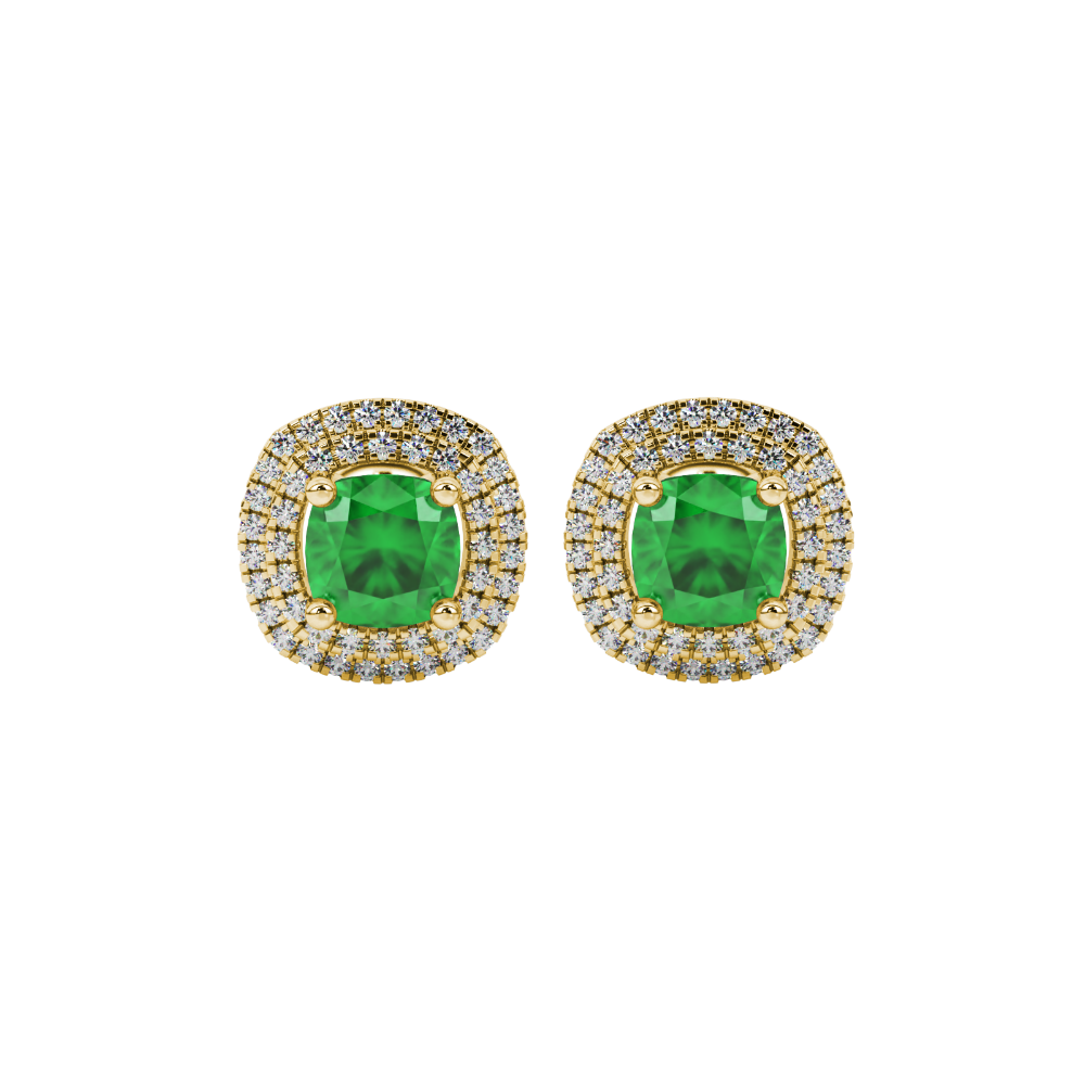 Green cushion cut gemstone double halo stud earrings in yellow gold