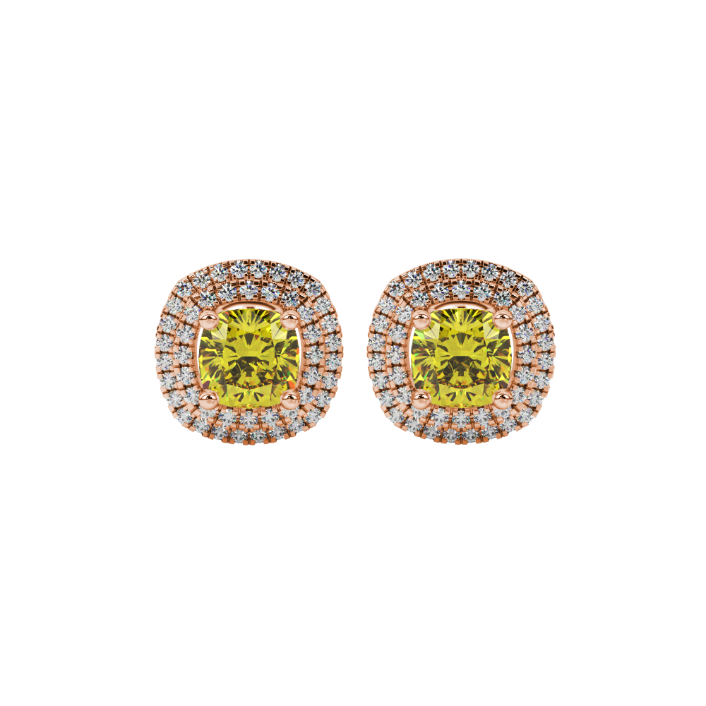 Yellow cushion cut gemstone double halo stud earrings in yellow gold