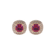Red cushion cut gemstone double halo stud earrings in yellow gold