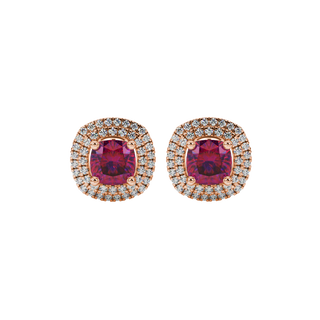 Raspberry Red gemstone double halo stud earrings in rose gold
