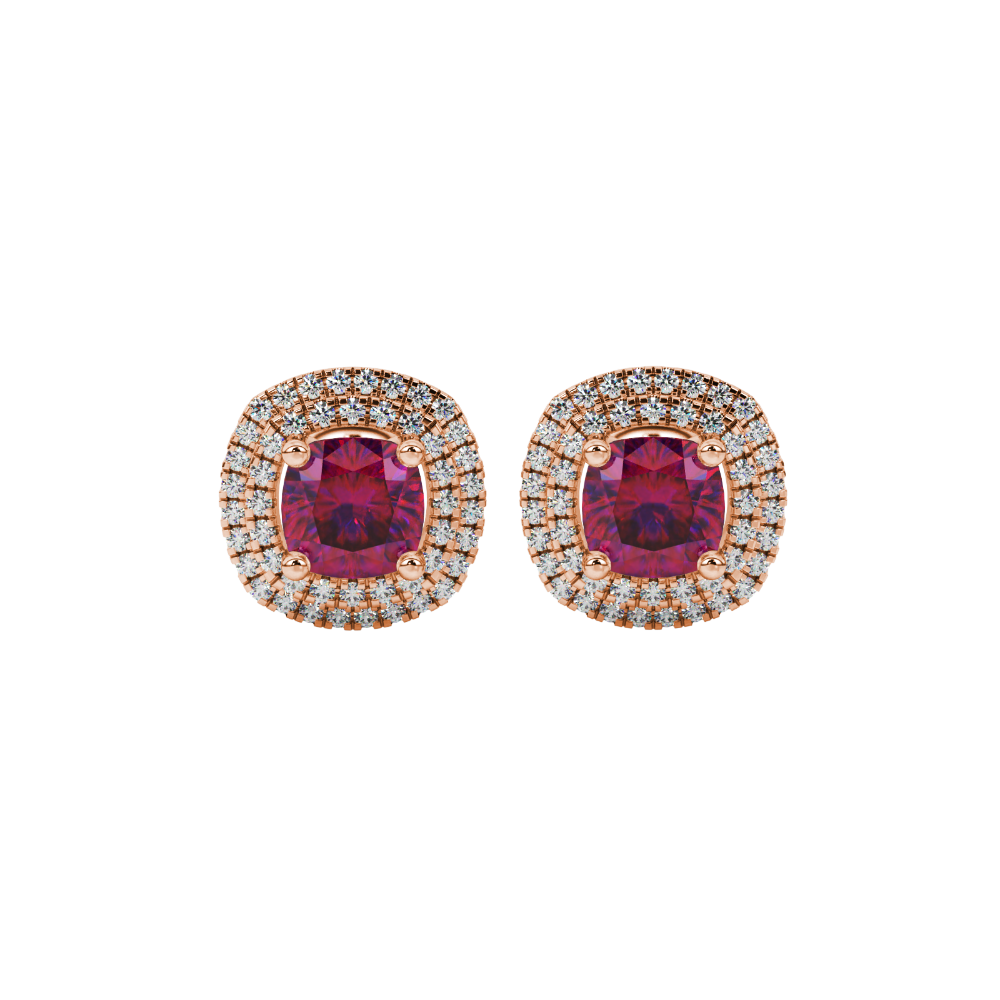 Red cushion cut gemstone double halo stud earrings in yellow gold