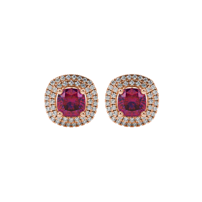 Raspberry Red gemstone double halo stud earrings in rose gold
