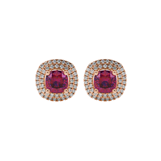 Raspberry Red gemstone double halo stud earrings in rose gold
