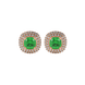 Green cushion cut gemstone double halo stud earrings in yellow gold