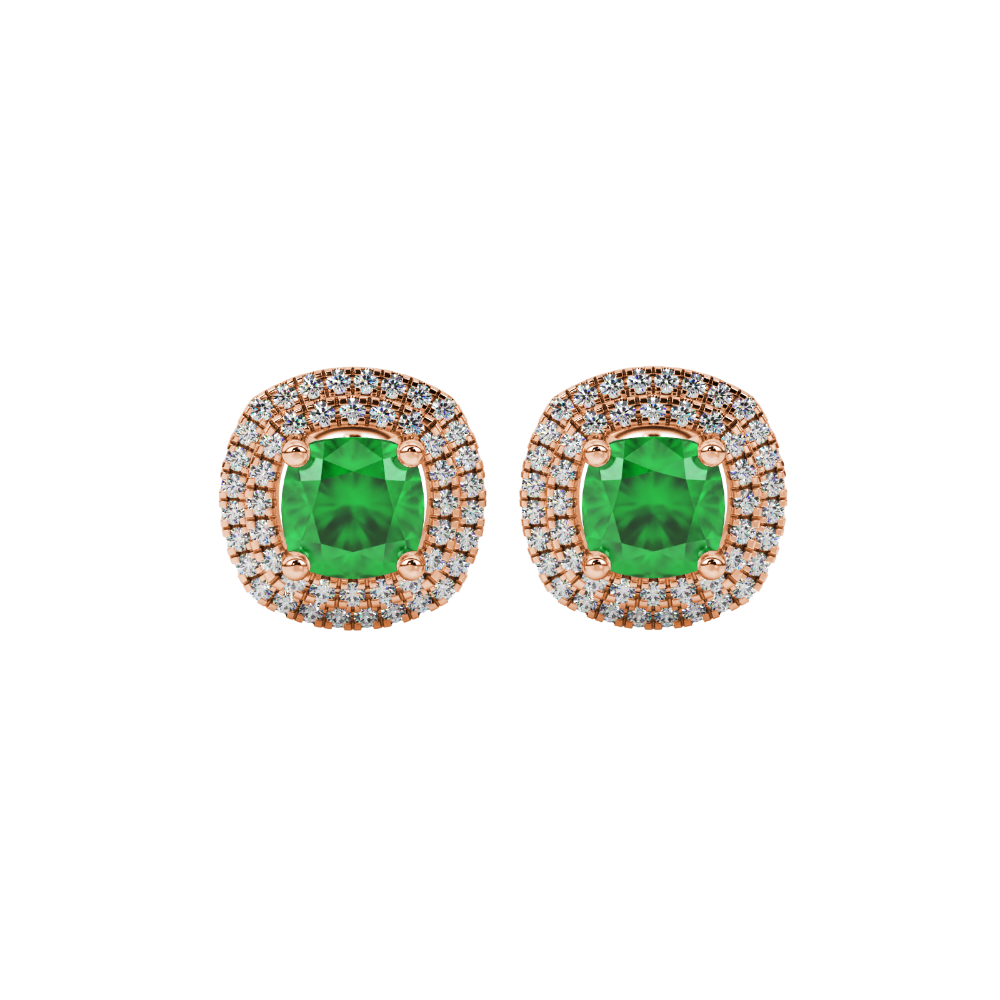 Green cushion cut gemstone double halo stud earrings in yellow gold