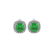 Green cushion cut gemstone stud earrings with double diamond halo in gold