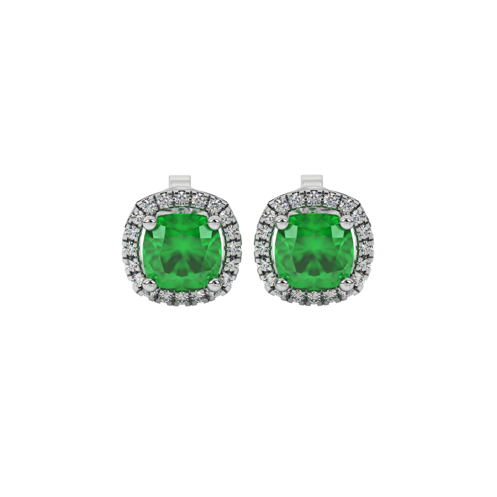 Green cushion cut gemstone stud earrings with double diamond halo in gold