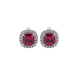Red cushion cut gemstone stud earrings with double diamond halo in gold