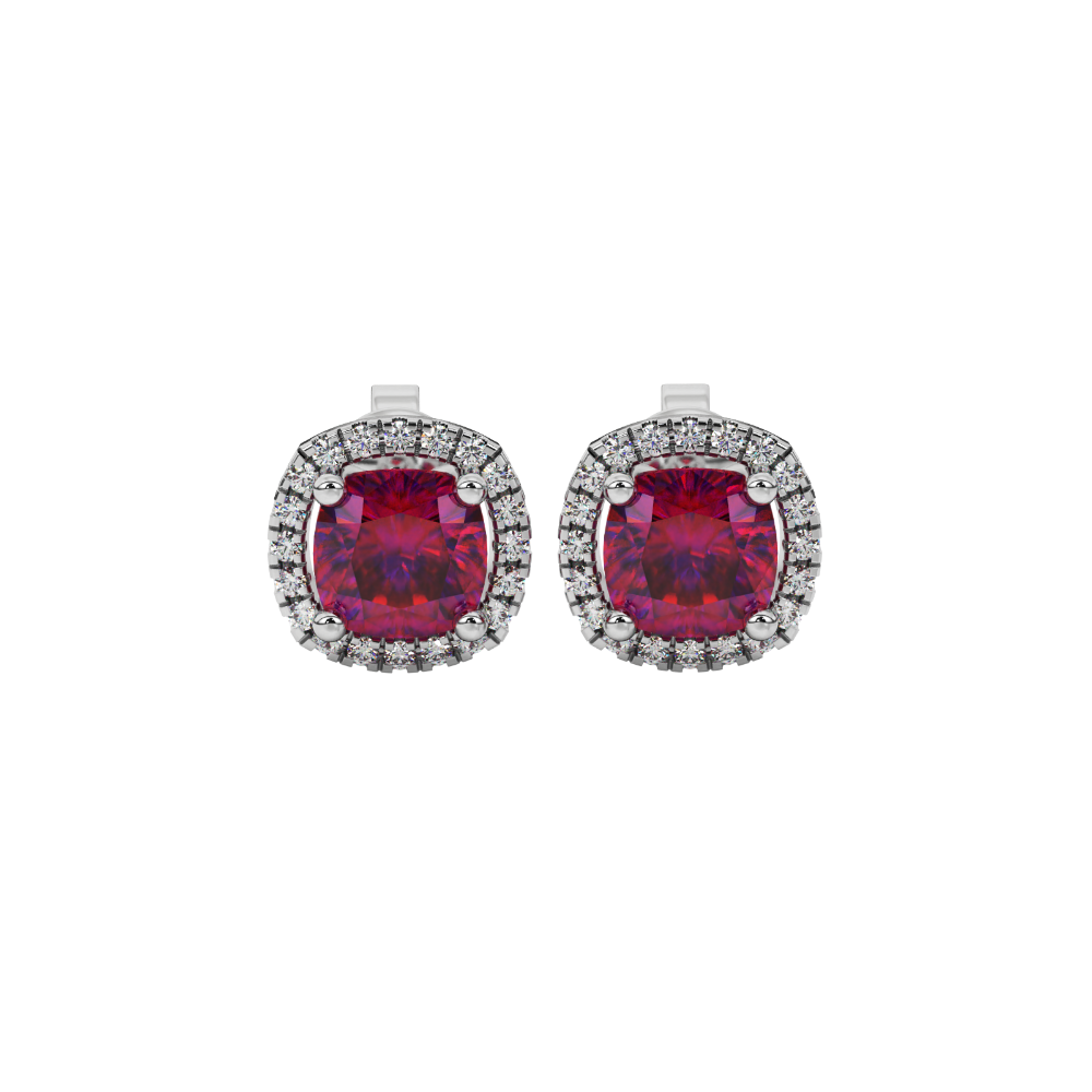 Red cushion cut gemstone stud earrings with double diamond halo in gold
