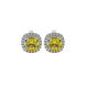 Yellow cushion cut gemstone stud earrings with double diamond halo in gold