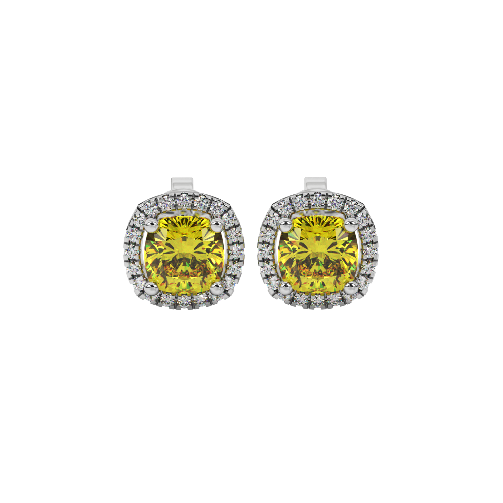 Yellow cushion cut gemstone stud earrings with double diamond halo in gold