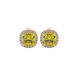 Yellow cushion cut gemstone stud earrings with double diamond halo in gold