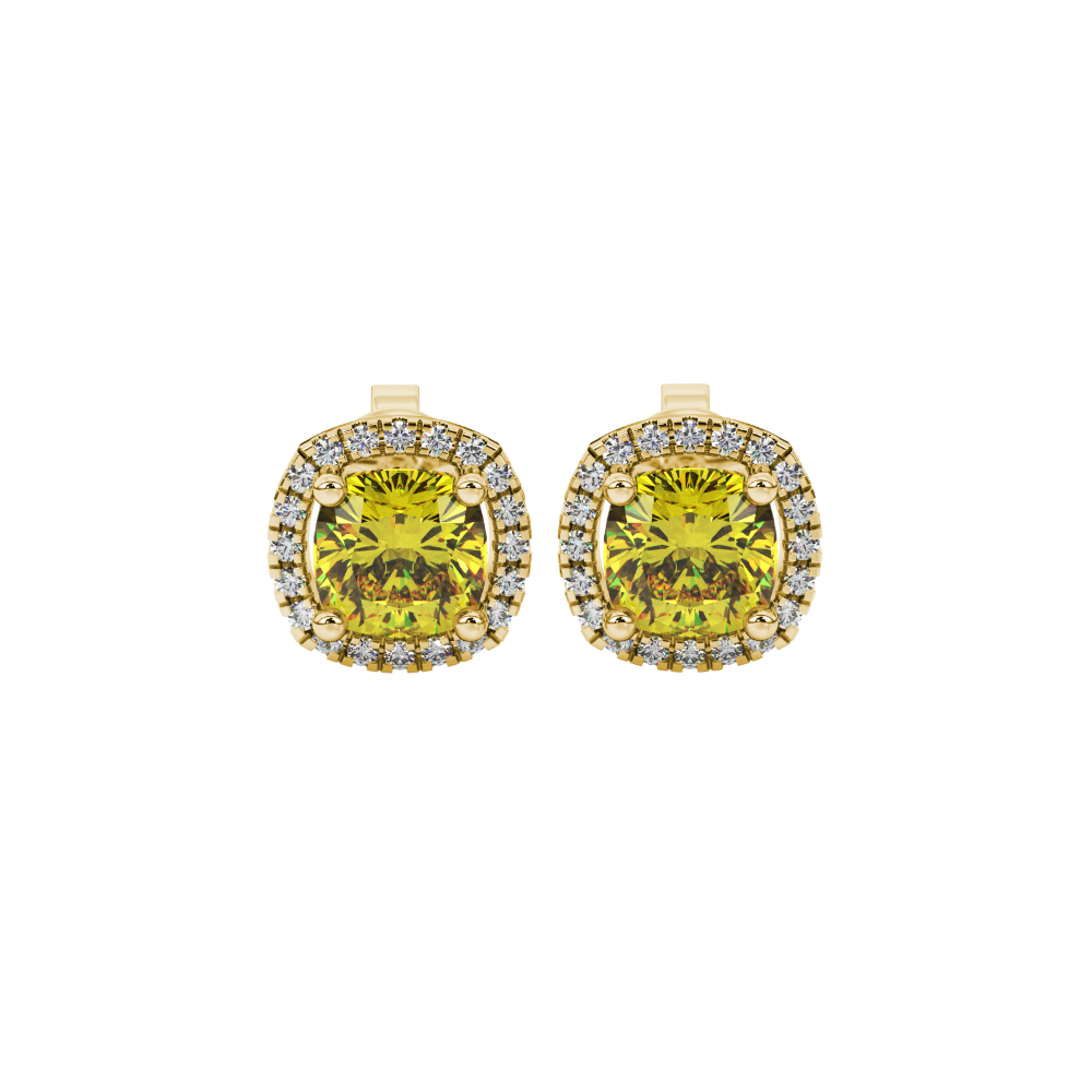 Yellow cushion cut gemstone stud earrings with double diamond halo in gold
