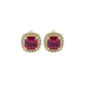 Red cushion cut gemstone stud earrings with double diamond halo in gold