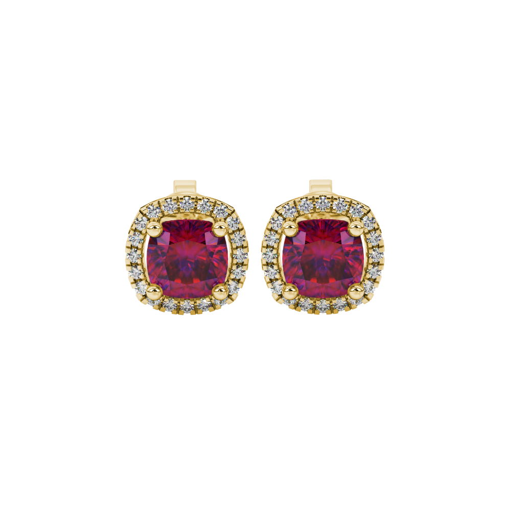 Red cushion cut gemstone stud earrings with double diamond halo in gold