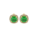 Green cushion cut gemstone stud earrings with double diamond halo in gold