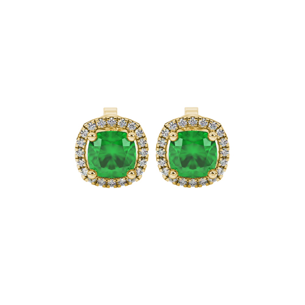 Green cushion cut gemstone stud earrings with double diamond halo in gold