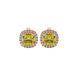 Yellow cushion cut gemstone stud earrings with double diamond halo in gold