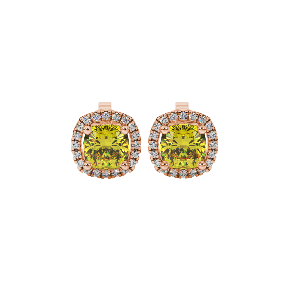 Yellow cushion cut gemstone stud earrings with double diamond halo in gold