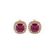 Red cushion cut gemstone stud earrings with double diamond halo in gold