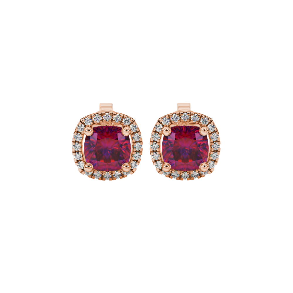 Red cushion cut gemstone stud earrings with double diamond halo in gold
