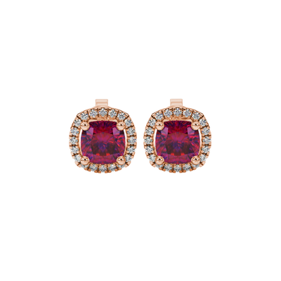 Red cushion cut gemstone stud earrings with double diamond halo in gold