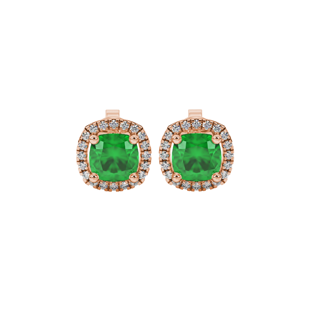 Green cushion cut gemstone stud earrings with double diamond halo in gold