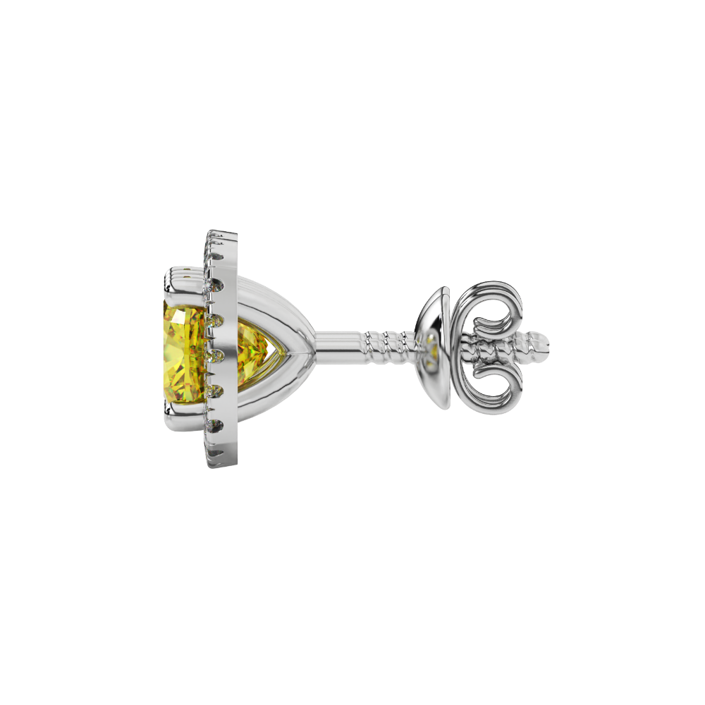 Yellow cushion cut gemstone stud earrings with double diamond halo in gold