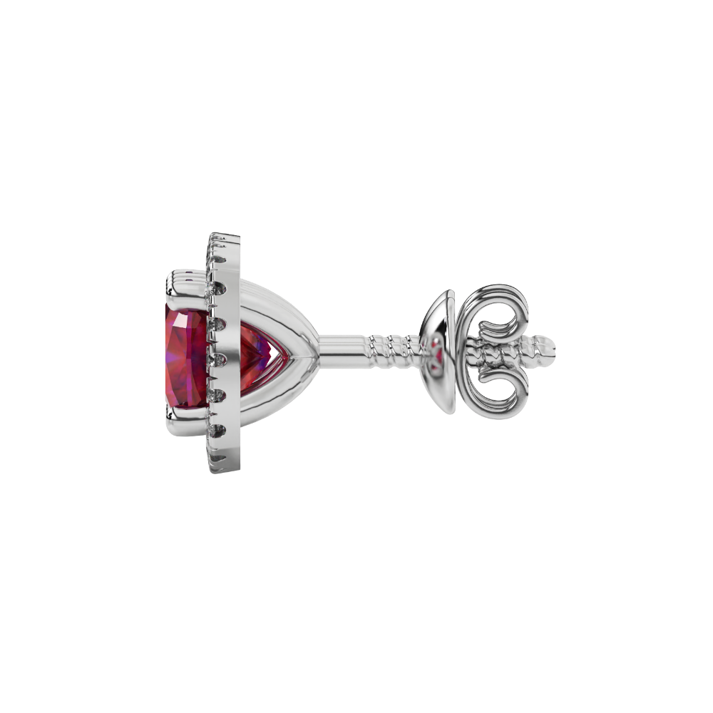 Red cushion cut gemstone stud earrings with double diamond halo in gold
