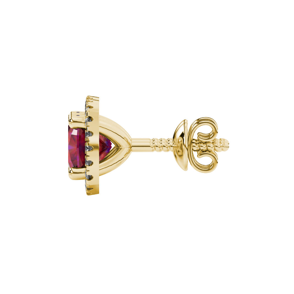Red cushion cut gemstone stud earrings with double diamond halo in gold