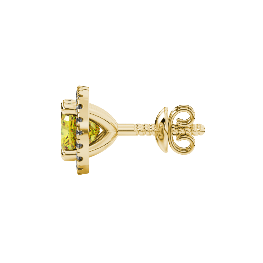 Yellow cushion cut gemstone stud earrings with double diamond halo in gold