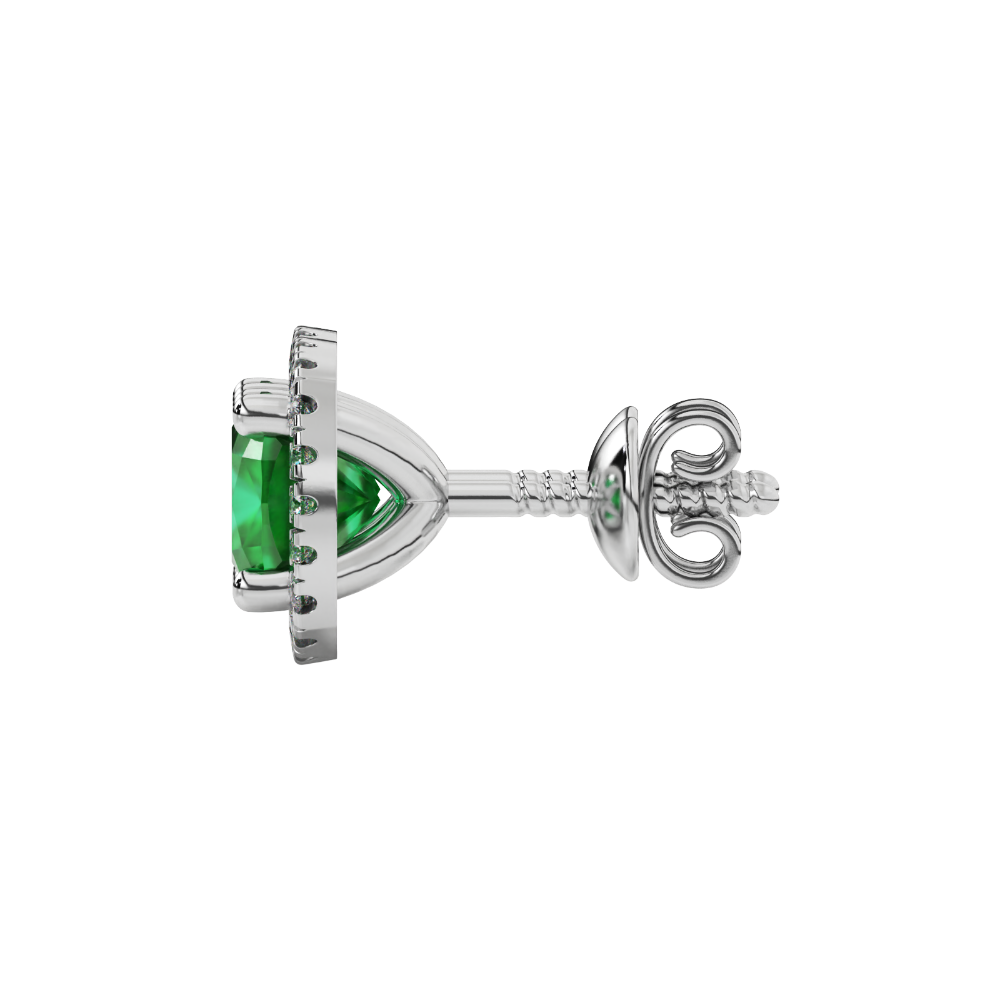 Green cushion cut gemstone stud earrings with double diamond halo in gold