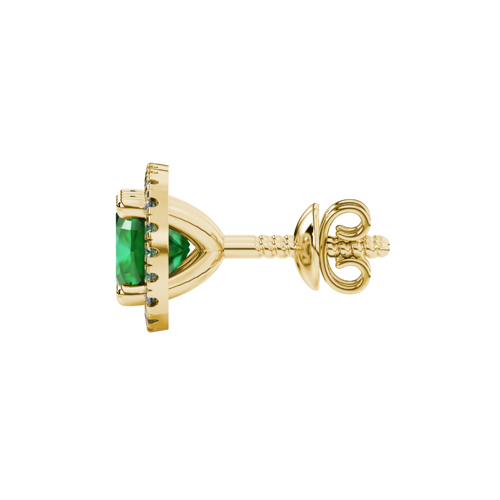 Green cushion cut gemstone stud earrings with double diamond halo in gold