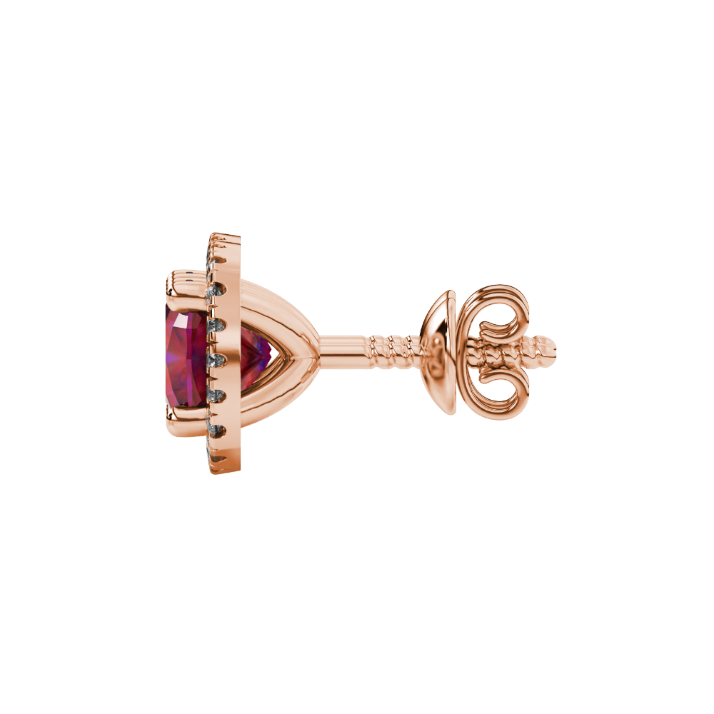 Red cushion cut gemstone stud earrings with double diamond halo in gold