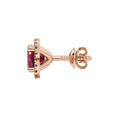 Red cushion cut gemstone stud earrings with double diamond halo in gold