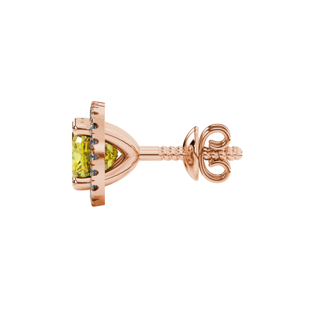 Yellow cushion cut gemstone stud earrings with double diamond halo in gold