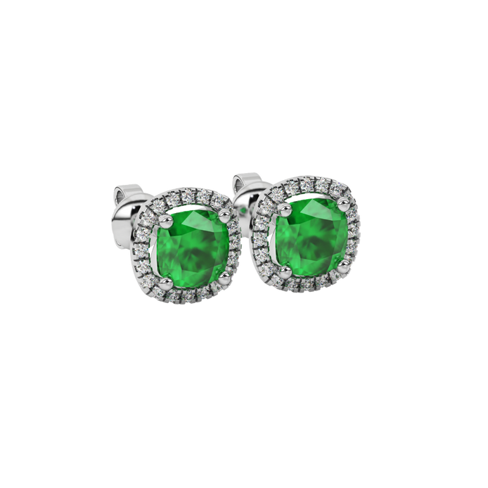 Green cushion cut gemstone stud earrings with double diamond halo in gold