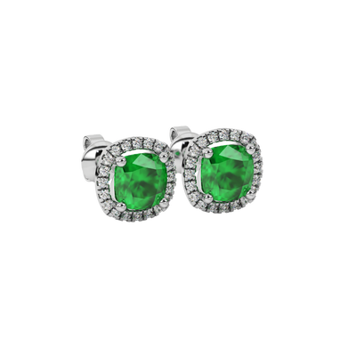 Green cushion cut gemstone stud earrings with double diamond halo in gold