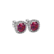 Red cushion cut gemstone stud earrings with double diamond halo in gold