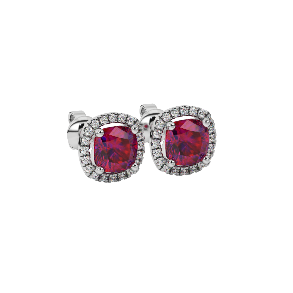 Red cushion cut gemstone stud earrings with double diamond halo in gold