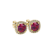 Red cushion cut gemstone stud earrings with double diamond halo in gold