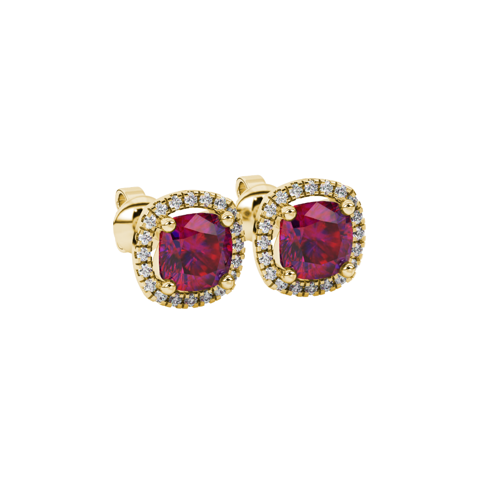 Red cushion cut gemstone stud earrings with double diamond halo in gold