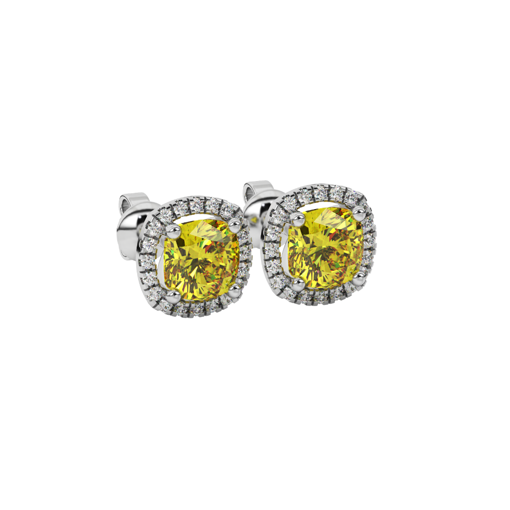 Yellow cushion cut gemstone stud earrings with double diamond halo in gold